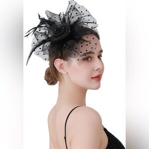 KENTUCKY DERBY Tea Party Black Fascinator with Point Esprit Mesh and Feathers